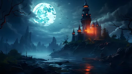 Gordijnen a mysterious dark castle haunted by spirits with a lighthouse © Oleksandr