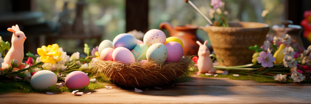 Banner with colorful easter eggs. Multi-colored speckled quail eggs lie in nest against  background of rustic table with flowers.