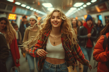 A flash mob surprising commuters with a joyful dance, transforming an ordinary day into a celebration of movement. - obrazy, fototapety, plakaty