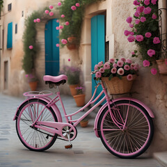Fototapeta na wymiar Pink Bicycle with Flower Basket in a Mediterranean setting - generated by ai