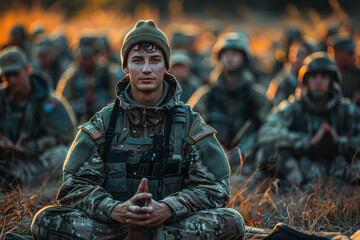 A military veteran in uniform teaching a yoga class, focusing on healing and strength, sharing their journey towards inner peace.