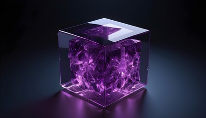 Purple glass cube isolated on dark background