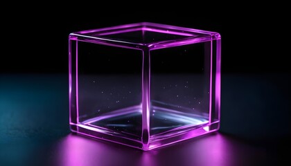 Purple glass transparent empty cube isolated on dark background