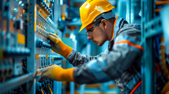 Electrician at work with safety helmet in industrial environment representing skilled labor, electrical engineering, safety, and industry.