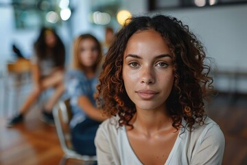 Obraz premium A beaming lady with a mane of curly hair stands among a lively crowd, exuding confidence and radiating warmth in an indoor setting