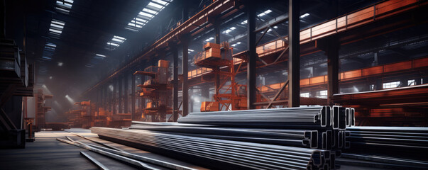 Industrial warehouse witg pipes and reare steel. - obrazy, fototapety, plakaty