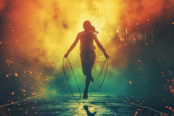 An individual jumping rope to a fast-paced beat, turning a simple exercise into an energetic dance.