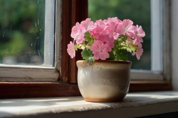 Blooming pink geranium in a ceramic pot on the windowsill
