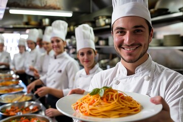 A team of skilled chefs in their crisp white uniforms work diligently in a bustling kitchen, creating mouth-watering dishes of various cuisines to satisfy the cravings of hungry customers