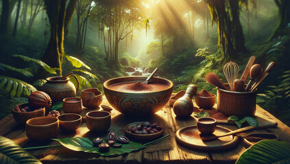 Cacao ceremony scene without people, focusing on the essence of tradition and connection with nature. Alternative medicine and healthy life concept. - obrazy, fototapety, plakaty