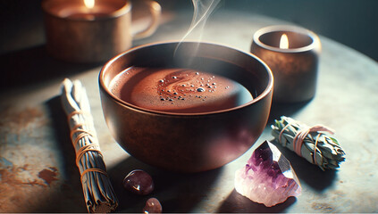 Cocoa ritual cup surrounded by healing crystals and candles. Alternative medicine and healthy life concept.