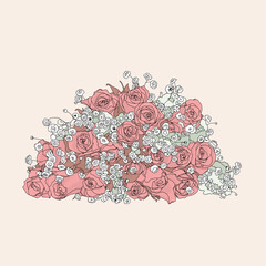Hand-drawn bouquet of flowers digitized on a  cream-colouredbackground