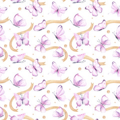 Seamless pattern with pink bright watercolor butterflies and golden ribbon on white backdrop. Hand drawn insects design ideal for fabric textile or scrapbooking, paper