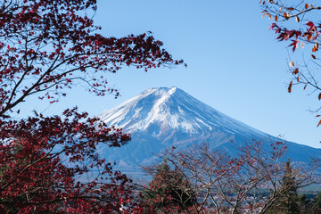 Mont Fuji beautiful view from Fujiyoshida in autumn with colorful maple leaves (momiji), Japan 