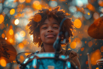 A child learning to play the drums, their concentration punctuated by bursts of delighted laughter at each successful beat.