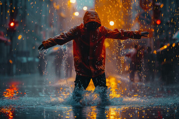 A street performer dancing passionately in the rain, their movements telling stories of resilience and joy. - obrazy, fototapety, plakaty
