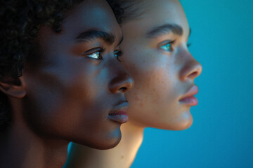 Two people of contrasting skin tones in a creative portrait session, celebrating diversity.