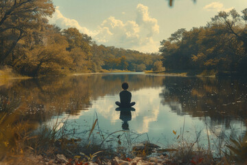 An individual meditating beside a tranquil lake, reflecting the calmness and acceptance within themselves. - obrazy, fototapety, plakaty