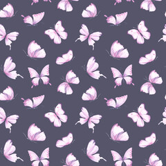Seamless pattern with pink bright watercolor butterflies on white backdrop. Hand drawn insects design ideal for fabric textile or scrapbooking, paper. Dark violet, purple