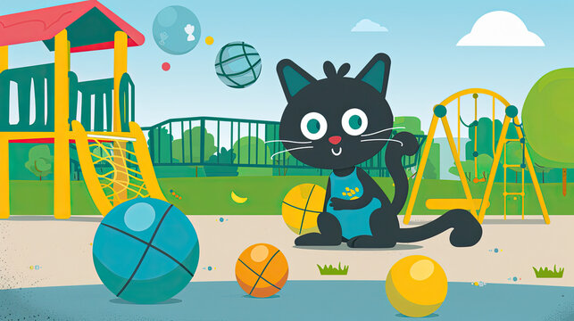 Playtime Paradise: Playful Kitten & Colorful Balls on Vibrant Playground