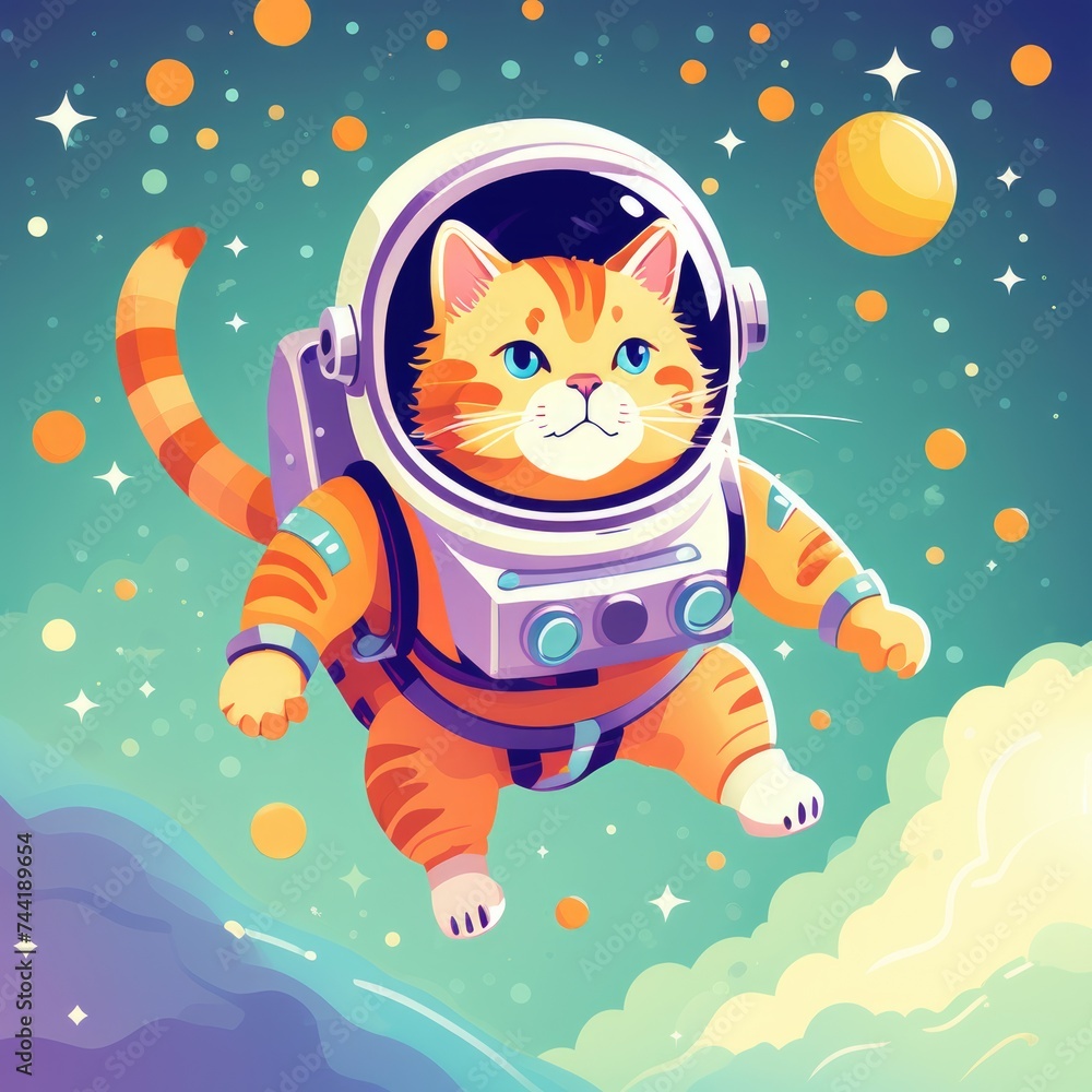 Wall mural adventurous tabby cat astronaut in outer space