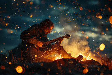 A lone figure playing guitar by a campfire, their music merging with the crackle of flames under a...