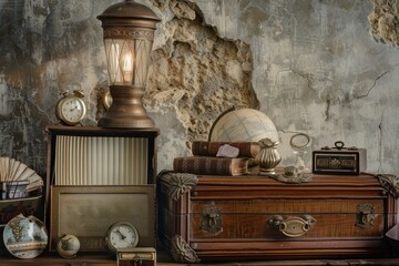 Antique collection with globes, books, and vintage suitcases against a textured wall