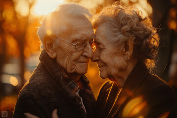 An elderly couple slow dancing in their backyard at sunset, a testament to enduring love and shared moments of happiness.