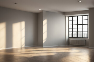 Empty Room with Hardwood Floor and Sunlight Shadows Through Windows