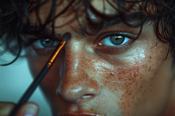 An individual applying makeup that challenges traditional gender norms, promoting freedom and creativity.