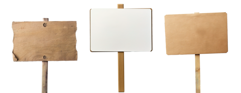 Collage set of protest and advertisement signs in blank for copy space over white transparent background