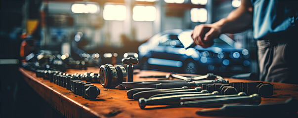 Wrenchs and hard tools for mechanic work on the table. Car service garage. - obrazy, fototapety, plakaty