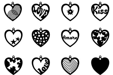 Set heart-shaped pendants - love party decoration - Valentine's Day vector graphics - black pendant silhouette with love / amore / kiss written... ideal for cricut, accessories, plotter, laser - obrazy, fototapety, plakaty
