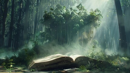Amidst the tranquil fog of the state park, a solitary tree stands tall, its open book leaves telling stories of the wild jungle and cascading waterfall within the breathtaking forest landscape