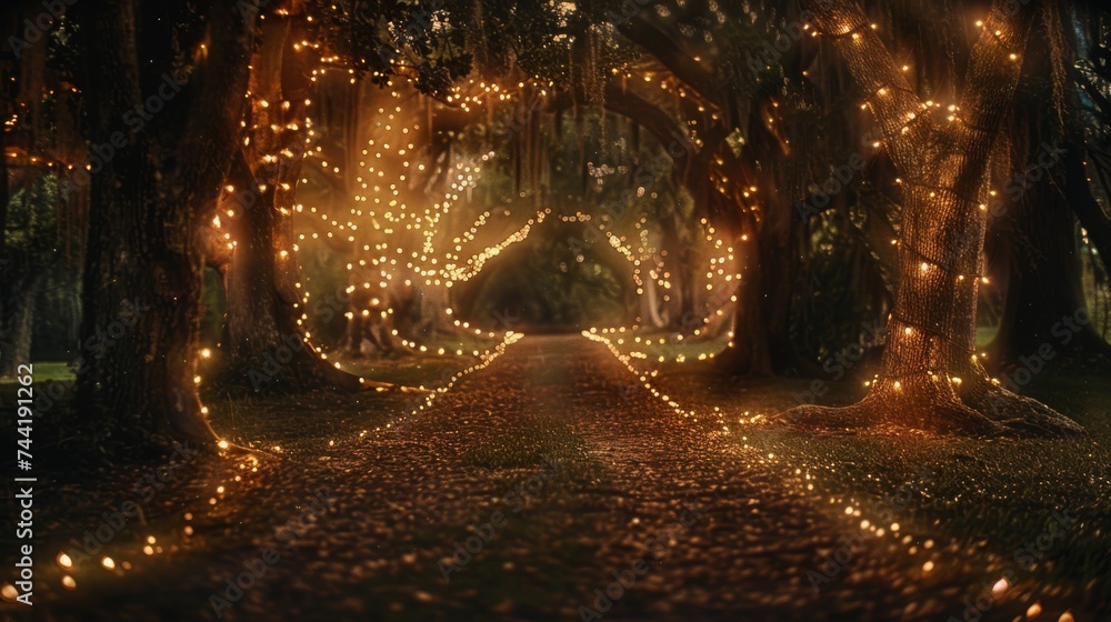 Poster A shimmering path illuminated by twinkling christmas lights guides you through the enchanting forest, where towering trees cast shadows in the tranquil night