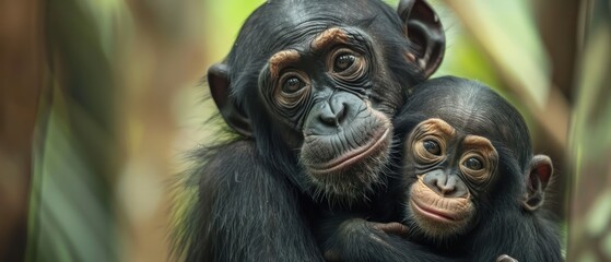 Bonding moment between mother chimpanzee and her infant