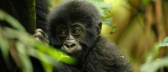Close-up of a pensive baby gorilla in green foliage