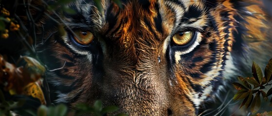 Hidden tiger gazing through lush greenery