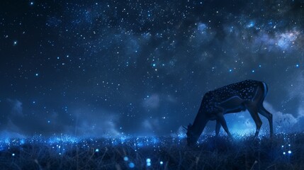 A majestic deer peacefully grazes under a blanket of stars, basking in the tranquility of the night