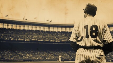 Vintage style baseball player in uniform looking at the field - obrazy, fototapety, plakaty