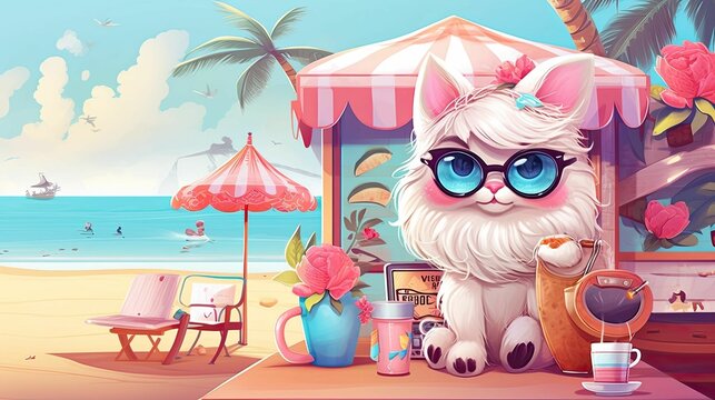 Pastel Retro Cute Cat on beach bar, relaxing cat in happiness  beachside with coffee and fruit