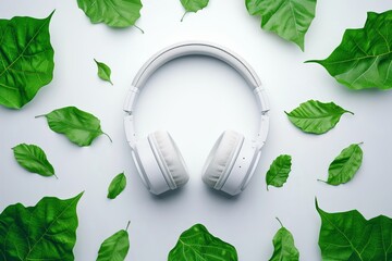 Green leaves frame white headphones on white background