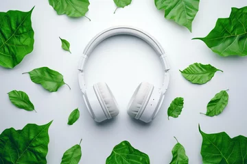 Poster Green leaves frame white headphones on white background © tatsiana502