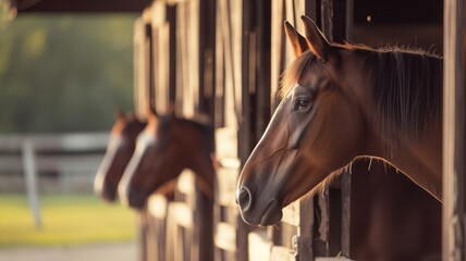 Horses peeking out of stable windows