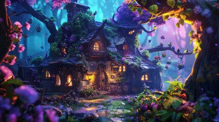 A solitary plant stands tall in a vibrant sea of flowers, as a painting of a mysterious house in the woods hangs in the background, reminiscent of a nostalgic pc game