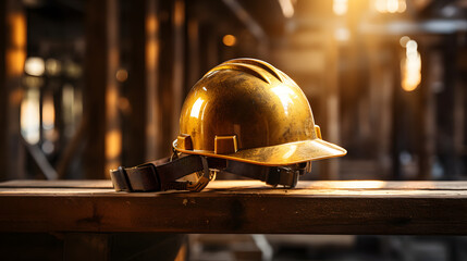 golden hardhat with polo on a bench in a construction site