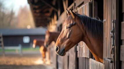 Horse peeking out from a stable on a sunny day - obrazy, fototapety, plakaty