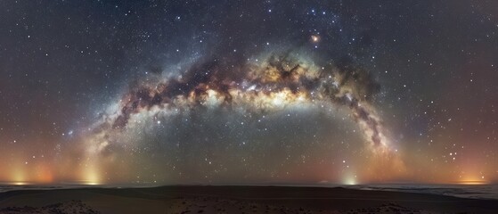 Obraz na płótnie Canvas Panoramic view of the Milky Way arching over a desert landscape