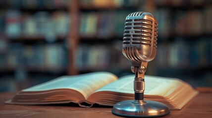 Retro microphone with an open book in the background
