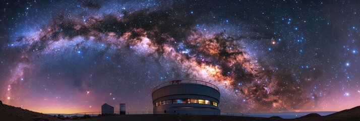Observatory under starry night sky with Milky Way and sunrise